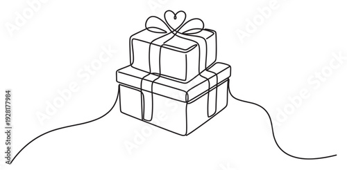 Continuous line drawing of two gift boxes stacked together, tied with a ribbon and a lovely heart-shaped bow, representing a minimalist and elegant holiday present