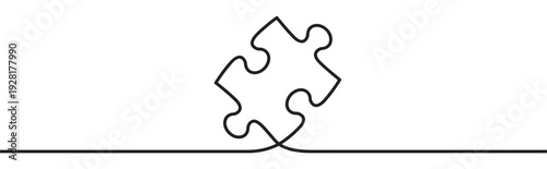 Single black line puzzle piece drawn in a continuous, flowing style is a minimalist symbol of connection, problem-solving, and strategic thinking