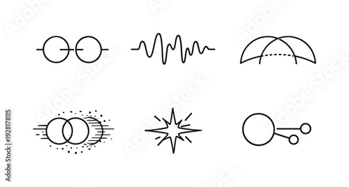 Line vector icons of data existing in multiple states until read (indeterminate data form): paired state dots, fuzzy waveform,