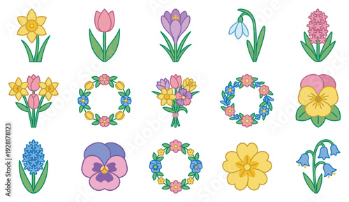 Collection of colorful spring flower icons featuring tulips, daffodils, crocuses, and hyacinths in a simple flat vector illustration style for seasonal decoration