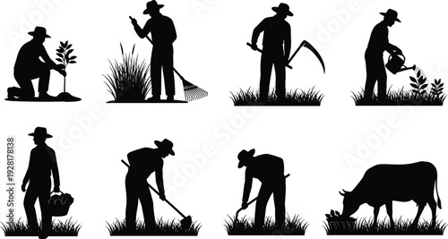 Farmer silhouettes collection vector illustration agriculture gardening harvesting planting cow farming rural workers black and white set
