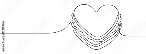 Continuous one line drawing of hands holding a heart symbol, a minimalist black and white illustration representing love, care, charity, and support in a simple, elegant style
