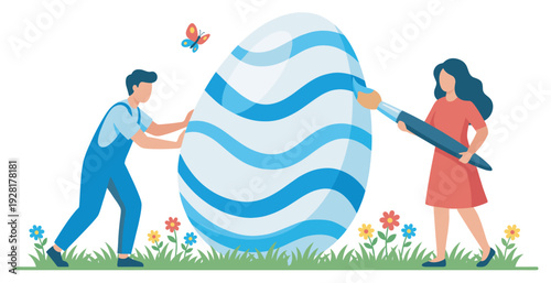 Man and woman happily decorating a giant Easter egg with blue wavy stripes, the woman painting with a large brush while the man pushes it across a field of grass and flowers