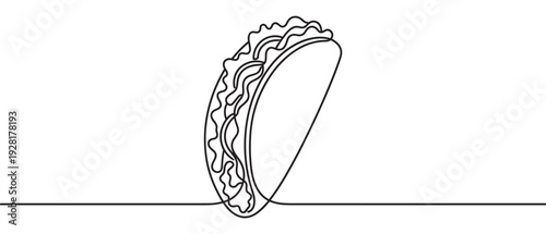 Taco with filling illustrated in a continuous one-line drawing style, a simple black and white graphic representing fast food, Mexican cuisine, and modern minimalist art