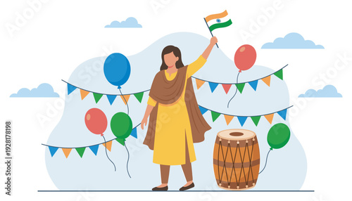 Indian woman in a yellow salwar kameez joyfully waves a national flag during a festive celebration with colorful balloons, bunting, and a traditional dhol drum illustration