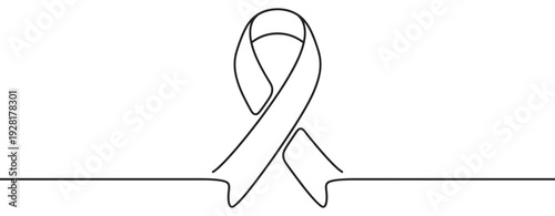 Continuous black line drawing of an awareness ribbon symbolizes support, hope, and solidarity for a cause in a minimalist, clean, and elegant graphic illustration style