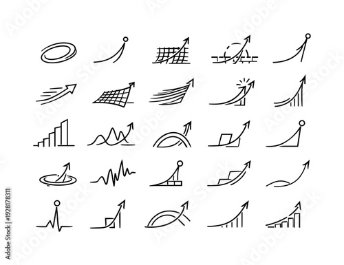 Line style icons of exponential takeoff moment: curve-bend ring, sudden rise dot, accelerating mesh stripe, breakthrough arc tile