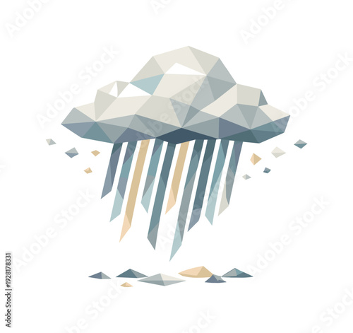 Low-poly vector illustration of a thundercloud burst rain future state, cloud reduced to a lighter refined faceted form with rain