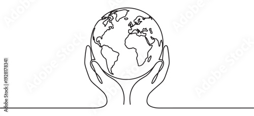 Continuous one line drawing of hands holding the planet Earth globe, a minimalist black and white illustration symbolizing care, environmental protection, and global unity