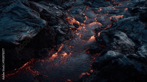 An aerial view of lava flowing into the ocean at night, captured in a highresolution photograph. The lava is a vivid orange and red, contrasting with the dark, rocky terrain.
