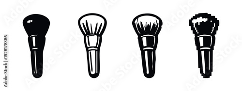 Cosmetic brush icons in outline, solid, hand-drawn, and pixel art styles for beauty industry graphics.