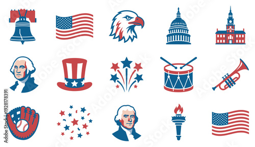 Collection of American patriotic icons and symbols in a red and blue flat vector style featuring a flag, eagle, historic bell, founding fathers, and other national emblems