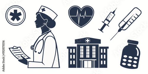 Medical professionals and symbols representing healthcare and medical services Vector