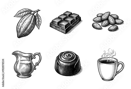 Vintage woodcut style collection of chocolate and cocoa elements including bean pod, bar, almonds, milk pitcher, truffle, and hot coffee mug.