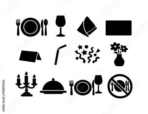 Party Table Decor Icons. Solid vector icons of table party decoration: plate, cutlery, glass, napkin, placemat, namecard, straw,
