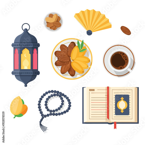 A captivating flat lay illustration showcasing a collection of traditional Islamic and Ramadan cultural elements, symbolizing faith, spirituality, and festive celebration