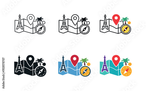 Vacation planning icon showing stylized maps, location pins, compasses, and landmarks representing destination planning, trip