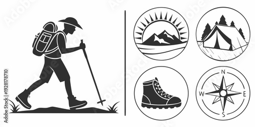 Illustration of a hiker with various hiking equipment and symbols Vector
