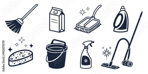A variety of cleaning tools and supplies arranged neatly in a row Vector