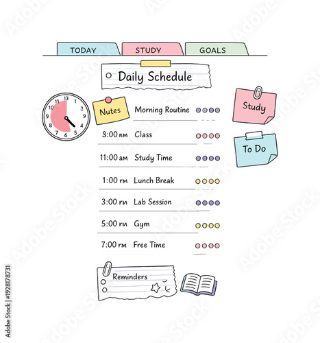 Daily schedule timeline with time blocks, timer and notebook page scraps, sticky notes and progress dots for College semester