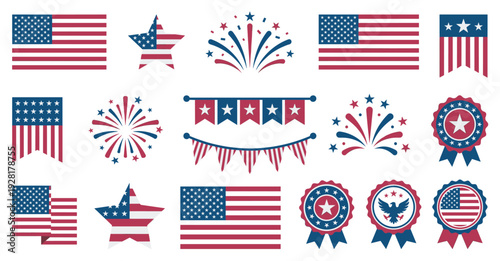 Set of patriotic American themed graphic elements featuring flags, star shapes, firework bursts, award rosettes, and festive bunting for a national holiday celebration