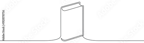 Single book drawn with one continuous black line in a minimalist style, representing knowledge, education, and literature in a simple, elegant vector illustration
