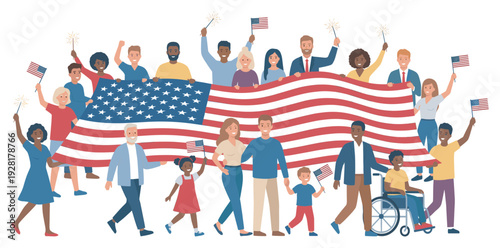 Diverse group of happy patriotic people including children, seniors, and a person in a wheelchair march together holding a large national flag and sparklers during a celebration