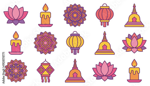 Colorful collection of spiritual Asian icons including lotus flowers, candles, mandalas, lanterns, and stupas for religious festivals, presented in a flat line art illustration style