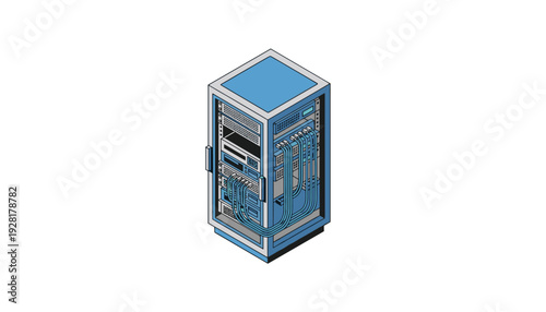 Modern server room technology with blue cables and wires