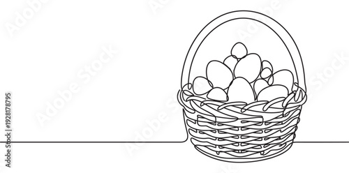 Wicker basket full of eggs drawn in a continuous single line style for a minimalist and modern holiday concept, representing a spring celebration and tradition