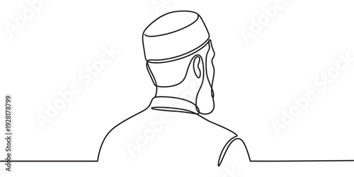 Bearded man wearing a traditional taqiyah skullcap shown from the back in a minimalist continuous single line drawing, a simple black and white graphic illustration