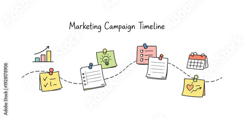 Milestone roadmap path, notebook strips as checkpoints, mini chart and calendar icons, pinned sticky notes for Marketing campaign