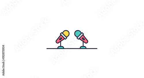 Two colorful microphones on stands facing.