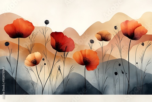 Wallpaper Mural Watercolor illustration of red poppies in a field with soft pastel mountains in the distance Torontodigital.ca