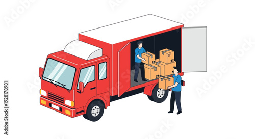 An isometric illustration depicts a red moving truck with two workers loading cardboard boxes a distinct silhouette high quality professional detailed