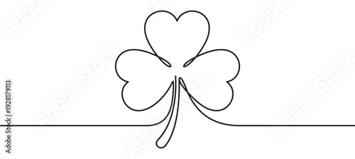 Three-leaf clover shamrock with heart-shaped leaves drawn in a continuous one-line art style, a minimalist and elegant symbol of luck for Saint Patrick's Day