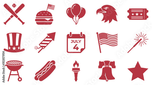 Set of red patriotic holiday icons including a national flag, eagle, fireworks, barbecue grill, and calendar for a festive national celebration