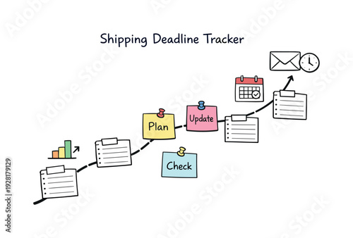 Milestone roadmap path, notebook strips as checkpoints, mini chart and calendar icons, pinned sticky notes for Shipping deadline