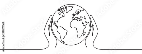 Continuous one line drawing of hands holding the planet Earth in a minimalist black and white style, symbolizing care, conservation, environmental protection, and global unity