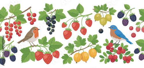 Seamless decorative border with garden berries and birds, featuring strawberry, currant, gooseberry, and blackberry on branches with green leaves in a flat vector illustration style