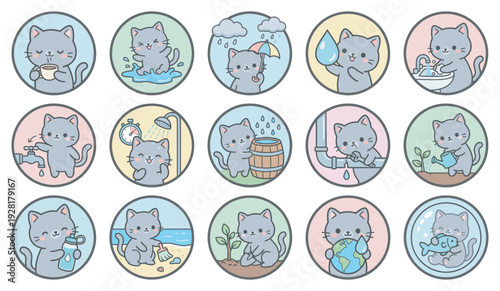 Cute cartoon cat icon set illustrating water conservation and environmental awareness concepts with adorable hand-drawn characters in various daily life activities