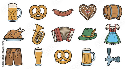 Collection of traditional German festival icons including beer, pretzels, sausage, an accordion, and clothing in a colorful hand-drawn cartoon illustration style for a celebration