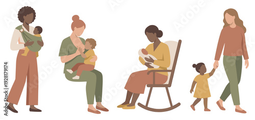 Diverse set of mothers and children in various parenting scenes, including breastfeeding, babywearing, holding a newborn, and walking, rendered in a flat vector style