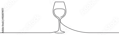 Single continuous line drawing of a wine glass in a minimalist style, an elegant and simple black and white illustration perfect for a restaurant menu or winery concept