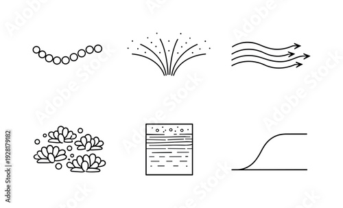 Line style icons of iron-induced algal stimulation: particulate bead chain, dispersal fan arc, nutrient-flow stripe, algae