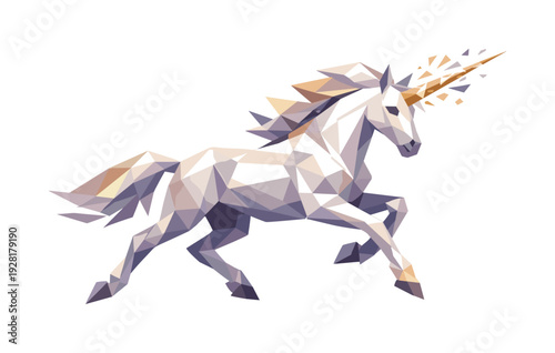 Low-poly vector illustration of a unicorn galloping with a burst of sparks, single mythical unicorn with sharply faceted anatomy