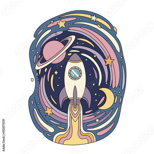 Whimsical cosmic adventure illustration featuring a retro-style rocket launching into a dreamy pastel universe filled with stars, planets, and swirling galaxies