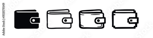 Wallet icon set in black and white, featuring solid, outline, hand-drawn, and pixel art styles for finance themes.