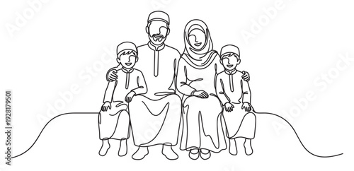 Happy Muslim family drawn in continuous line art, featuring a father, mother, and two sons sitting together, smiling warmly in traditional attire, conveying unity and joy