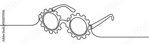 Continuous line drawing of stylish eyeglasses with gear-shaped lenses showcases a creative concept of vision and mechanics in a minimalist black and white illustration